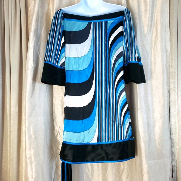 NWT Bebe blue white black gray striped long sleeve silk shift dress Womes Small - Picture 6 of 7
